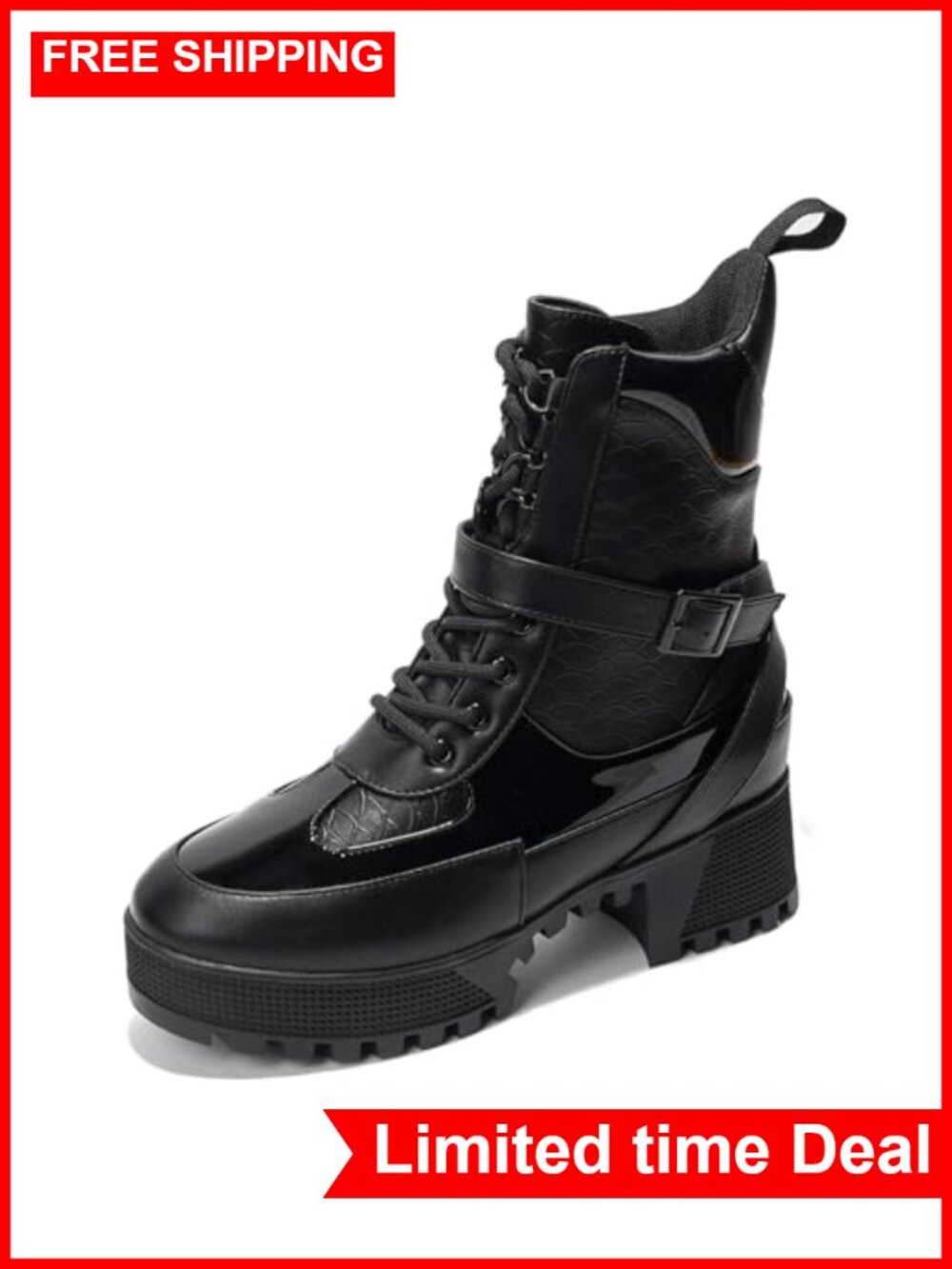 Women's Chunky Heel Combat Boots Platform Lace Up High Top Ankle Boots